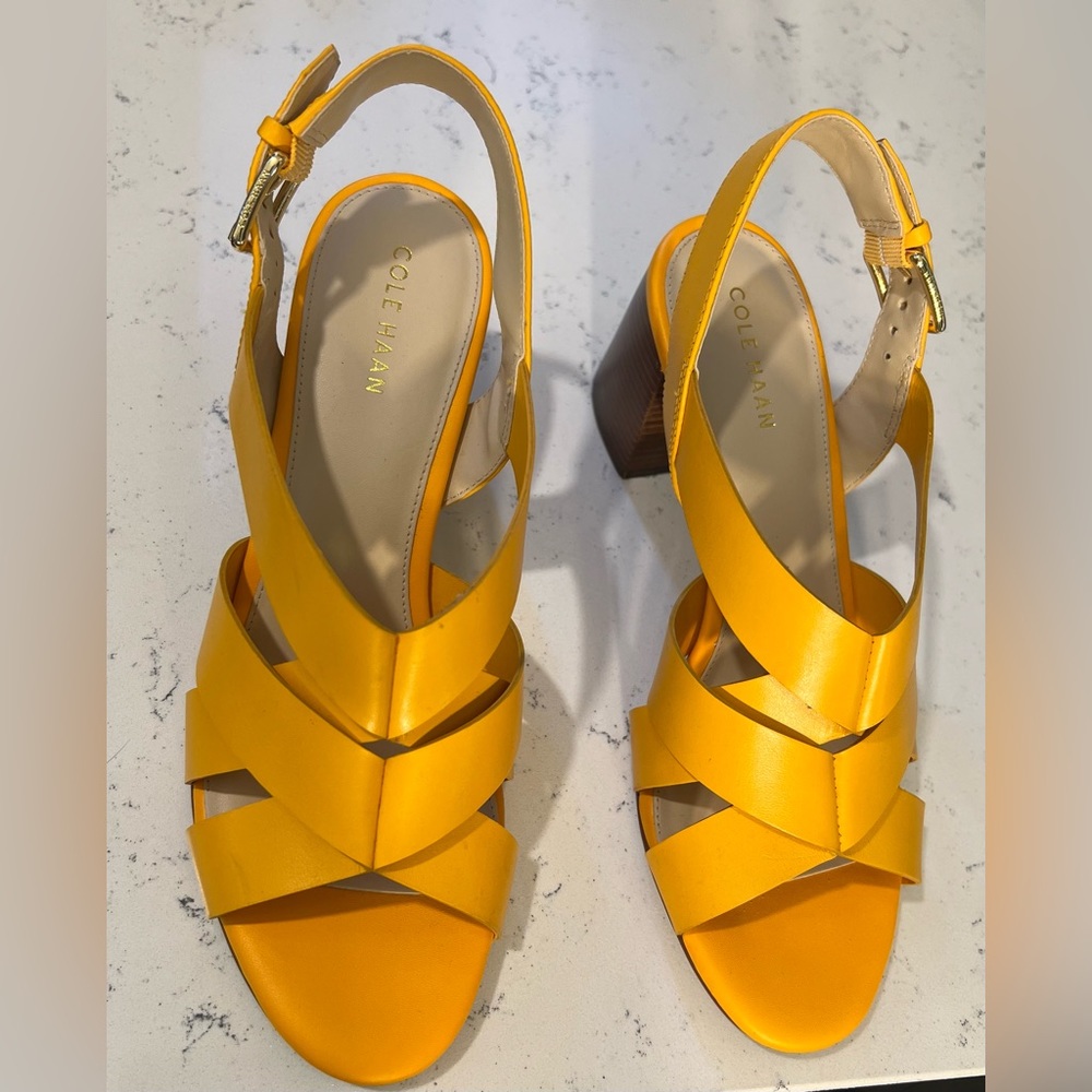 Cole Haan Leather Upper Material, Block Heel—Yellow/Orange.